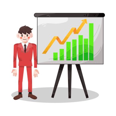 Bir işadamı, iş başarısını ve olumlu ilerlemeyi gösteren yükselen çizgiler veya çubuklar gösteren bir büyüme tablosunun yanında güvenle durmaktadır. 