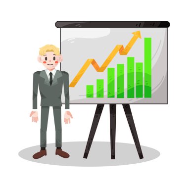 Bir işadamı, iş başarısını ve olumlu ilerlemeyi gösteren yükselen çizgiler veya çubuklar gösteren bir büyüme tablosunun yanında güvenle durmaktadır. 