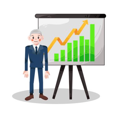 Bir işadamı, iş başarısını ve olumlu ilerlemeyi gösteren yükselen çizgiler veya çubuklar gösteren bir büyüme tablosunun yanında güvenle durmaktadır. 