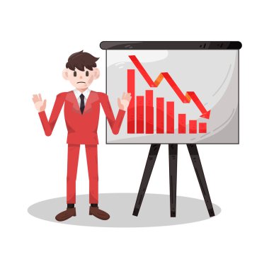 Düşük trend tablosuna sahip bir işadamı, finansal kaybı, performans düşüşünü veya iş başarısızlıklarını yansıtıyor. İfadesi endişe, hayal kırıklığı ya da derin düşünce gösterebilir, iş dünyasındaki yön bulma zorluklarının baskısını yakalayarak..