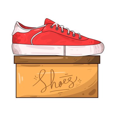 Bir ayakkabı kutusu, tipik olarak dikdörtgen ve kartondan yapılmış, içinde yeni bir çift ayakkabıyı ortaya çıkarmak için ya kapalı ya da biraz açık. Kutuda markalaşma, boyut etiketleri veya tasarım unsurları gösterilebilir. Bu da bir perakende mağazasından olduğunu gösterir..