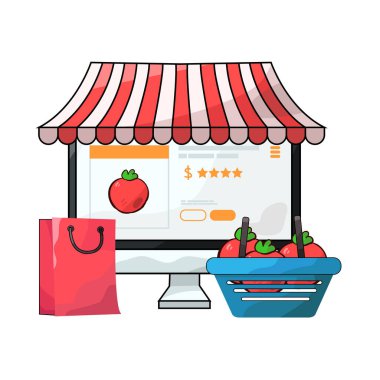 Canlı bir dijital piyasa arayüzü, dizüstü bilgisayar, tablet veya akıllı telefon gibi çeşitli ürün veya hizmetleri ekranlarda sergiliyor. Simgeler, küçük resimler ve fiyat etiketleri ızgara veya liste görünümlerine göre düzenli olarak düzenlenir.