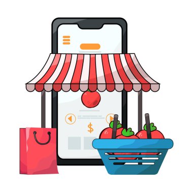 Canlı bir dijital piyasa arayüzü, dizüstü bilgisayar, tablet veya akıllı telefon gibi çeşitli ürün veya hizmetleri ekranlarda sergiliyor. Simgeler, küçük resimler ve fiyat etiketleri ızgara veya liste görünümlerine göre düzenli olarak düzenlenir.