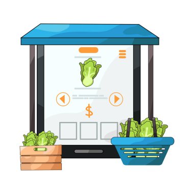 Canlı bir dijital piyasa arayüzü, dizüstü bilgisayar, tablet veya akıllı telefon gibi çeşitli ürün veya hizmetleri ekranlarda sergiliyor. Simgeler, küçük resimler ve fiyat etiketleri ızgara veya liste görünümlerine göre düzenli olarak düzenlenir.