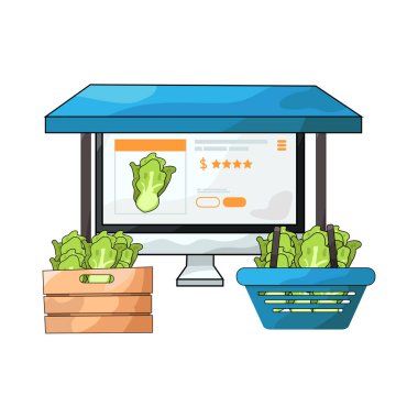 Canlı bir dijital piyasa arayüzü, dizüstü bilgisayar, tablet veya akıllı telefon gibi çeşitli ürün veya hizmetleri ekranlarda sergiliyor. Simgeler, küçük resimler ve fiyat etiketleri ızgara veya liste görünümlerine göre düzenli olarak düzenlenir.