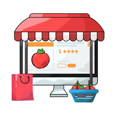 Canlı bir dijital piyasa arayüzü, dizüstü bilgisayar, tablet veya akıllı telefon gibi çeşitli ürün veya hizmetleri ekranlarda sergiliyor. Simgeler, küçük resimler ve fiyat etiketleri ızgara veya liste görünümlerine göre düzenli olarak düzenlenir.