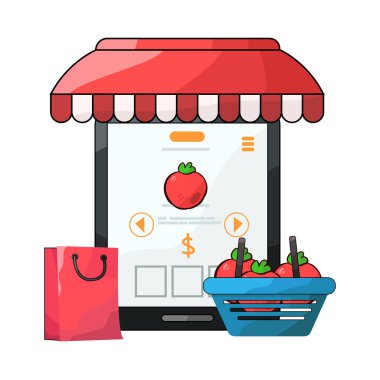 Canlı bir dijital piyasa arayüzü, dizüstü bilgisayar, tablet veya akıllı telefon gibi çeşitli ürün veya hizmetleri ekranlarda sergiliyor. Simgeler, küçük resimler ve fiyat etiketleri ızgara veya liste görünümlerine göre düzenli olarak düzenlenir.