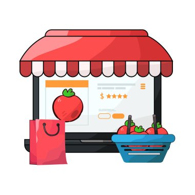 Canlı bir dijital piyasa arayüzü, dizüstü bilgisayar, tablet veya akıllı telefon gibi çeşitli ürün veya hizmetleri ekranlarda sergiliyor. Simgeler, küçük resimler ve fiyat etiketleri ızgara veya liste görünümlerine göre düzenli olarak düzenlenir.