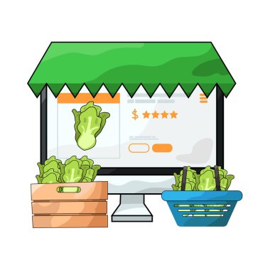 Canlı bir dijital piyasa arayüzü, dizüstü bilgisayar, tablet veya akıllı telefon gibi çeşitli ürün veya hizmetleri ekranlarda sergiliyor. Simgeler, küçük resimler ve fiyat etiketleri ızgara veya liste görünümlerine göre düzenli olarak düzenlenir.