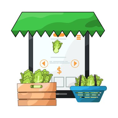 Canlı bir dijital piyasa arayüzü, dizüstü bilgisayar, tablet veya akıllı telefon gibi çeşitli ürün veya hizmetleri ekranlarda sergiliyor. Simgeler, küçük resimler ve fiyat etiketleri ızgara veya liste görünümlerine göre düzenli olarak düzenlenir.