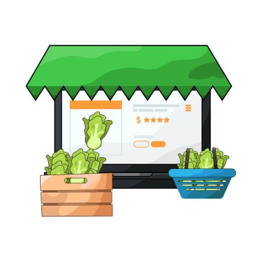 Canlı bir dijital piyasa arayüzü, dizüstü bilgisayar, tablet veya akıllı telefon gibi çeşitli ürün veya hizmetleri ekranlarda sergiliyor. Simgeler, küçük resimler ve fiyat etiketleri ızgara veya liste görünümlerine göre düzenli olarak düzenlenir.