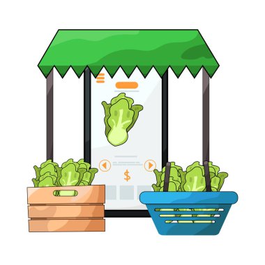 Canlı bir dijital piyasa arayüzü, dizüstü bilgisayar, tablet veya akıllı telefon gibi çeşitli ürün veya hizmetleri ekranlarda sergiliyor. Simgeler, küçük resimler ve fiyat etiketleri ızgara veya liste görünümlerine göre düzenli olarak düzenlenir.