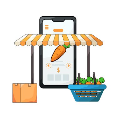 Canlı bir dijital piyasa arayüzü, dizüstü bilgisayar, tablet veya akıllı telefon gibi çeşitli ürün veya hizmetleri ekranlarda sergiliyor. Simgeler, küçük resimler ve fiyat etiketleri ızgara veya liste görünümlerine göre düzenli olarak düzenlenir.