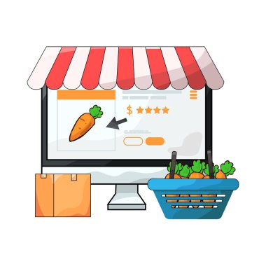 Canlı bir dijital piyasa arayüzü, dizüstü bilgisayar, tablet veya akıllı telefon gibi çeşitli ürün veya hizmetleri ekranlarda sergiliyor. Simgeler, küçük resimler ve fiyat etiketleri ızgara veya liste görünümlerine göre düzenli olarak düzenlenir.