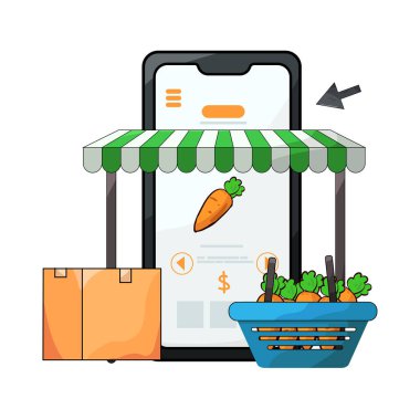 Canlı bir dijital piyasa arayüzü, dizüstü bilgisayar, tablet veya akıllı telefon gibi çeşitli ürün veya hizmetleri ekranlarda sergiliyor. Simgeler, küçük resimler ve fiyat etiketleri ızgara veya liste görünümlerine göre düzenli olarak düzenlenir.