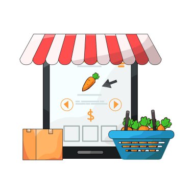 Canlı bir dijital piyasa arayüzü, dizüstü bilgisayar, tablet veya akıllı telefon gibi çeşitli ürün veya hizmetleri ekranlarda sergiliyor. Simgeler, küçük resimler ve fiyat etiketleri ızgara veya liste görünümlerine göre düzenli olarak düzenlenir.