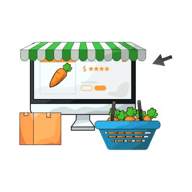 Canlı bir dijital piyasa arayüzü, dizüstü bilgisayar, tablet veya akıllı telefon gibi çeşitli ürün veya hizmetleri ekranlarda sergiliyor. Simgeler, küçük resimler ve fiyat etiketleri ızgara veya liste görünümlerine göre düzenli olarak düzenlenir.