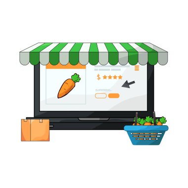 Canlı bir dijital piyasa arayüzü, dizüstü bilgisayar, tablet veya akıllı telefon gibi çeşitli ürün veya hizmetleri ekranlarda sergiliyor. Simgeler, küçük resimler ve fiyat etiketleri ızgara veya liste görünümlerine göre düzenli olarak düzenlenir.