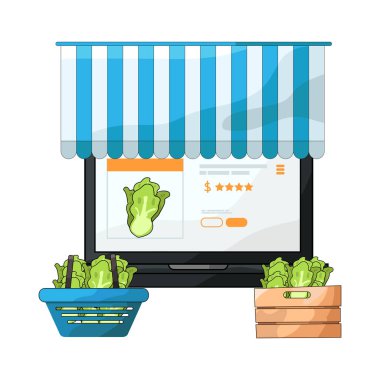 Canlı bir dijital piyasa arayüzü, dizüstü bilgisayar, tablet veya akıllı telefon gibi çeşitli ürün veya hizmetleri ekranlarda sergiliyor. Simgeler, küçük resimler ve fiyat etiketleri ızgara veya liste görünümlerine göre düzenli olarak düzenlenir.