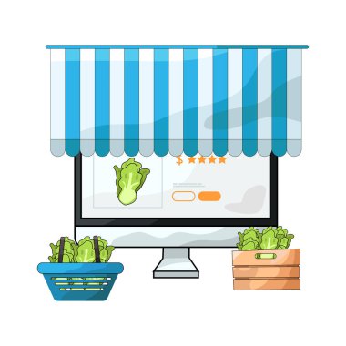 Canlı bir dijital piyasa arayüzü, dizüstü bilgisayar, tablet veya akıllı telefon gibi çeşitli ürün veya hizmetleri ekranlarda sergiliyor. Simgeler, küçük resimler ve fiyat etiketleri ızgara veya liste görünümlerine göre düzenli olarak düzenlenir.