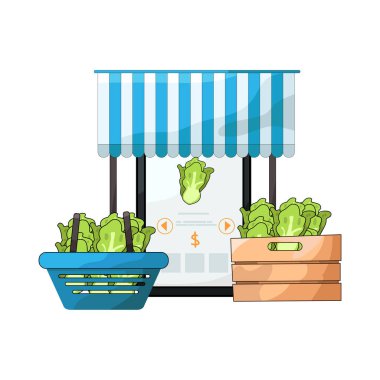 Canlı bir dijital piyasa arayüzü, dizüstü bilgisayar, tablet veya akıllı telefon gibi çeşitli ürün veya hizmetleri ekranlarda sergiliyor. Simgeler, küçük resimler ve fiyat etiketleri ızgara veya liste görünümlerine göre düzenli olarak düzenlenir.