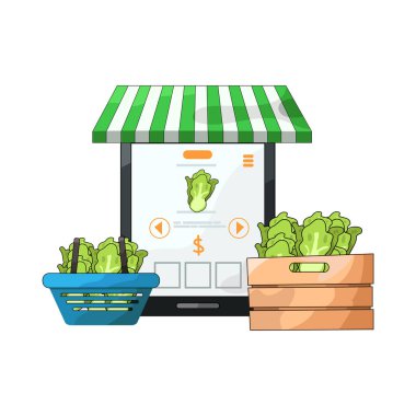 Canlı bir dijital piyasa arayüzü, dizüstü bilgisayar, tablet veya akıllı telefon gibi çeşitli ürün veya hizmetleri ekranlarda sergiliyor. Simgeler, küçük resimler ve fiyat etiketleri ızgara veya liste görünümlerine göre düzenli olarak düzenlenir.