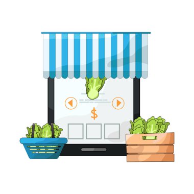 Canlı bir dijital piyasa arayüzü, dizüstü bilgisayar, tablet veya akıllı telefon gibi çeşitli ürün veya hizmetleri ekranlarda sergiliyor. Simgeler, küçük resimler ve fiyat etiketleri ızgara veya liste görünümlerine göre düzenli olarak düzenlenir.