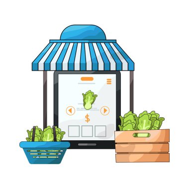 Canlı bir dijital piyasa arayüzü, dizüstü bilgisayar, tablet veya akıllı telefon gibi çeşitli ürün veya hizmetleri ekranlarda sergiliyor. Simgeler, küçük resimler ve fiyat etiketleri ızgara veya liste görünümlerine göre düzenli olarak düzenlenir.