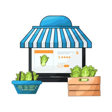 Canlı bir dijital piyasa arayüzü, dizüstü bilgisayar, tablet veya akıllı telefon gibi çeşitli ürün veya hizmetleri ekranlarda sergiliyor. Simgeler, küçük resimler ve fiyat etiketleri ızgara veya liste görünümlerine göre düzenli olarak düzenlenir.