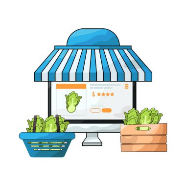 Canlı bir dijital piyasa arayüzü, dizüstü bilgisayar, tablet veya akıllı telefon gibi çeşitli ürün veya hizmetleri ekranlarda sergiliyor. Simgeler, küçük resimler ve fiyat etiketleri ızgara veya liste görünümlerine göre düzenli olarak düzenlenir.