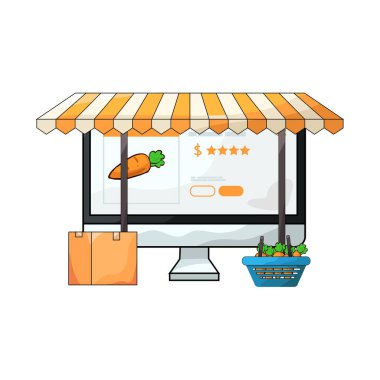 Canlı bir dijital piyasa arayüzü, dizüstü bilgisayar, tablet veya akıllı telefon gibi çeşitli ürün veya hizmetleri ekranlarda sergiliyor. Simgeler, küçük resimler ve fiyat etiketleri ızgara veya liste görünümlerine göre düzenli olarak düzenlenir.