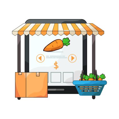 Canlı bir dijital piyasa arayüzü, dizüstü bilgisayar, tablet veya akıllı telefon gibi çeşitli ürün veya hizmetleri ekranlarda sergiliyor. Simgeler, küçük resimler ve fiyat etiketleri ızgara veya liste görünümlerine göre düzenli olarak düzenlenir.