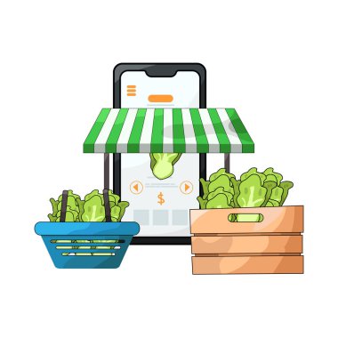 Canlı bir dijital piyasa arayüzü, dizüstü bilgisayar, tablet veya akıllı telefon gibi çeşitli ürün veya hizmetleri ekranlarda sergiliyor. Simgeler, küçük resimler ve fiyat etiketleri ızgara veya liste görünümlerine göre düzenli olarak düzenlenir.