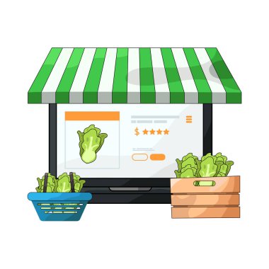 Canlı bir dijital piyasa arayüzü, dizüstü bilgisayar, tablet veya akıllı telefon gibi çeşitli ürün veya hizmetleri ekranlarda sergiliyor. Simgeler, küçük resimler ve fiyat etiketleri ızgara veya liste görünümlerine göre düzenli olarak düzenlenir.