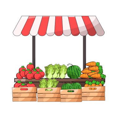 Canlı renkler ve taze ürünlerle dolu canlı bir sebze pazarı sahnesi sepetler, sandıklar veya tezgahlar halinde düzenlenmiş. Birçok sebze çeşidi sergilenmektedir..