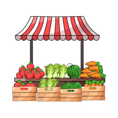 Canlı renkler ve taze ürünlerle dolu canlı bir sebze pazarı sahnesi sepetler, sandıklar veya tezgahlar halinde düzenlenmiş. Birçok sebze çeşidi sergilenmektedir..