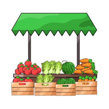 Canlı renkler ve taze ürünlerle dolu canlı bir sebze pazarı sahnesi sepetler, sandıklar veya tezgahlar halinde düzenlenmiş. Birçok sebze çeşidi sergilenmektedir..