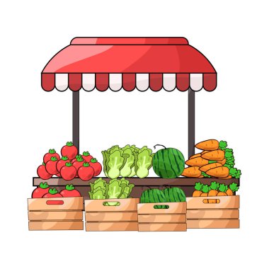 Canlı renkler ve taze ürünlerle dolu canlı bir sebze pazarı sahnesi sepetler, sandıklar veya tezgahlar halinde düzenlenmiş. Birçok sebze çeşidi sergilenmektedir..