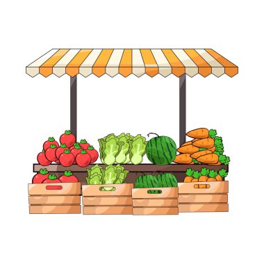 Canlı renkler ve taze ürünlerle dolu canlı bir sebze pazarı sahnesi sepetler, sandıklar veya tezgahlar halinde düzenlenmiş. Birçok sebze çeşidi sergilenmektedir..