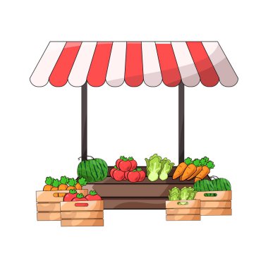 Canlı renkler ve taze ürünlerle dolu canlı bir sebze pazarı sahnesi sepetler, sandıklar veya tezgahlar halinde düzenlenmiş. Birçok sebze çeşidi sergilenmektedir..