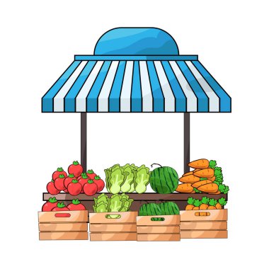 Canlı renkler ve taze ürünlerle dolu canlı bir sebze pazarı sahnesi sepetler, sandıklar veya tezgahlar halinde düzenlenmiş. Birçok sebze çeşidi sergilenmektedir..