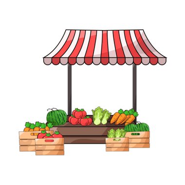 Canlı renkler ve taze ürünlerle dolu canlı bir sebze pazarı sahnesi sepetler, sandıklar veya tezgahlar halinde düzenlenmiş. Birçok sebze çeşidi sergilenmektedir..