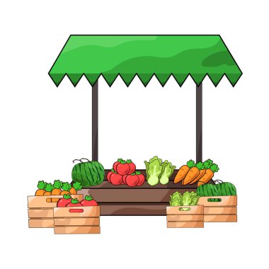 Canlı renkler ve taze ürünlerle dolu canlı bir sebze pazarı sahnesi sepetler, sandıklar veya tezgahlar halinde düzenlenmiş. Birçok sebze çeşidi sergilenmektedir..