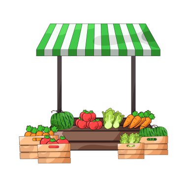 Canlı renkler ve taze ürünlerle dolu canlı bir sebze pazarı sahnesi sepetler, sandıklar veya tezgahlar halinde düzenlenmiş. Birçok sebze çeşidi sergilenmektedir..