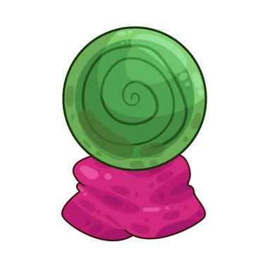 Süslü bir ahşap veya pirinç tezgahın üzerine mükemmel yuvarlak, berrak bir kristal küre. Top ortam ışığını yakalar, ince yansımalar yaratır ve içinde parlar. Kristalin içinde, sisli ya da sihirli bir girdap, gizemli bir hava ekler..