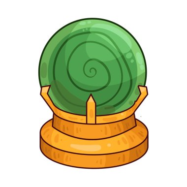 Süslü bir ahşap veya pirinç tezgahın üzerine mükemmel yuvarlak, berrak bir kristal küre. Top ortam ışığını yakalar, ince yansımalar yaratır ve içinde parlar. Kristalin içinde, sisli ya da sihirli bir girdap, gizemli bir hava ekler..