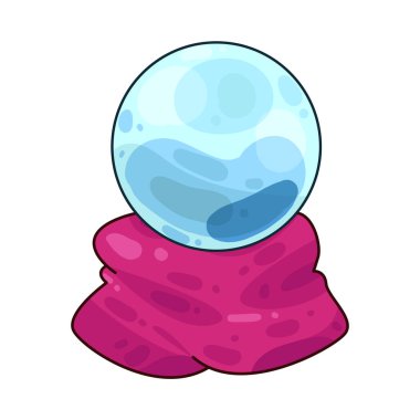 Süslü bir ahşap veya pirinç tezgahın üzerine mükemmel yuvarlak, berrak bir kristal küre. Top ortam ışığını yakalar, ince yansımalar yaratır ve içinde parlar. Kristalin içinde, sisli ya da sihirli bir girdap, gizemli bir hava ekler..