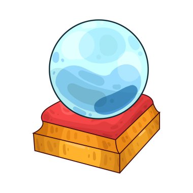 Süslü bir ahşap veya pirinç tezgahın üzerine mükemmel yuvarlak, berrak bir kristal küre. Top ortam ışığını yakalar, ince yansımalar yaratır ve içinde parlar. Kristalin içinde, sisli ya da sihirli bir girdap, gizemli bir hava ekler..