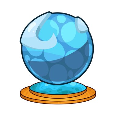 Süslü bir ahşap veya pirinç tezgahın üzerine mükemmel yuvarlak, berrak bir kristal küre. Top ortam ışığını yakalar, ince yansımalar yaratır ve içinde parlar. Kristalin içinde, sisli ya da sihirli bir girdap, gizemli bir hava ekler..