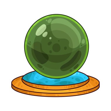 Süslü bir ahşap veya pirinç tezgahın üzerine mükemmel yuvarlak, berrak bir kristal küre. Top ortam ışığını yakalar, ince yansımalar yaratır ve içinde parlar. Kristalin içinde, sisli ya da sihirli bir girdap, gizemli bir hava ekler..